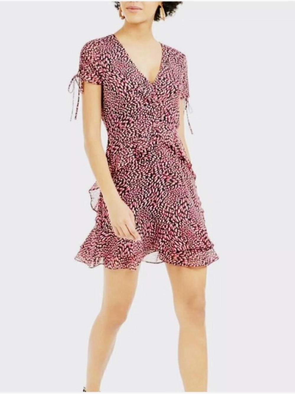 Bar III Pink Printed V-Neck Ruffle Mini Dress